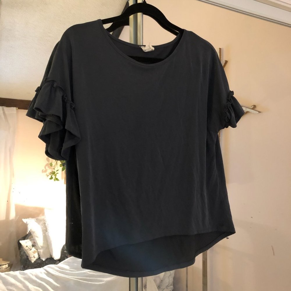 Grey Tee Shirt with Ruffle Sleeve Detail